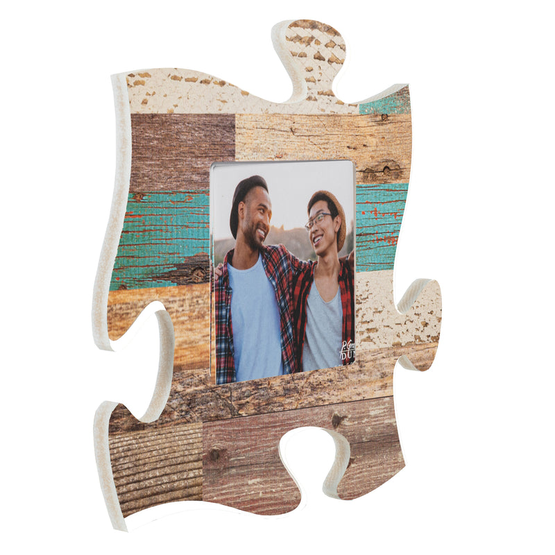 P. Graham Dunn Teal Multicolor Distressed Wood Look 12 x 12 Wall Hanging Wood Puzzle Piece Photo Frame