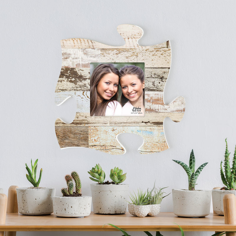 P. Graham Dunn White Multicolor Distressed Wood Look 12 x 12 Wall Hanging Wood Puzzle Piece Photo Frame