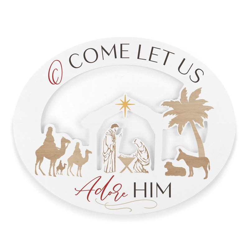 Come Adore Him Winter White 20 x 16 Wood Holiday Oval Nativity Shaped Sign
