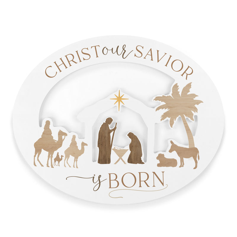 Savior is Born Winter White 20 x 16 Wood Holiday Oval Nativity Shaped Sign