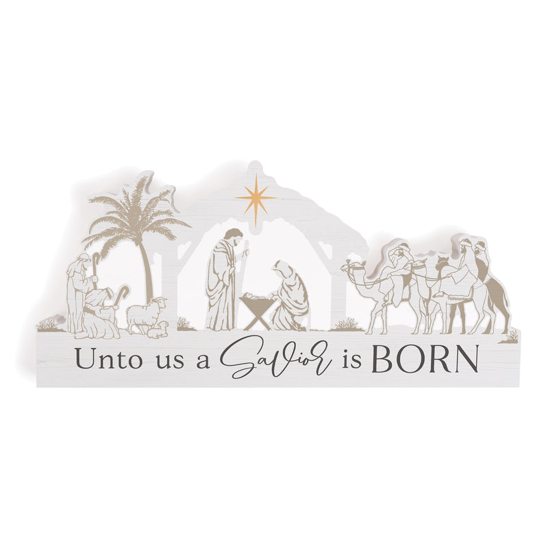 Savior is Born Winter White 12 x 5.5 Wood Holiday Nativity Shaped Tabletop Sign