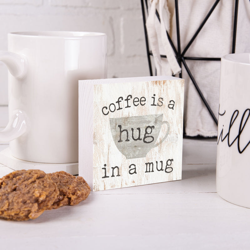 P. Graham Dunn Coffee a Hug in a Mug Whitewash 3.5 x 3.5 Inch Pine Wood Tabletop Block Sign