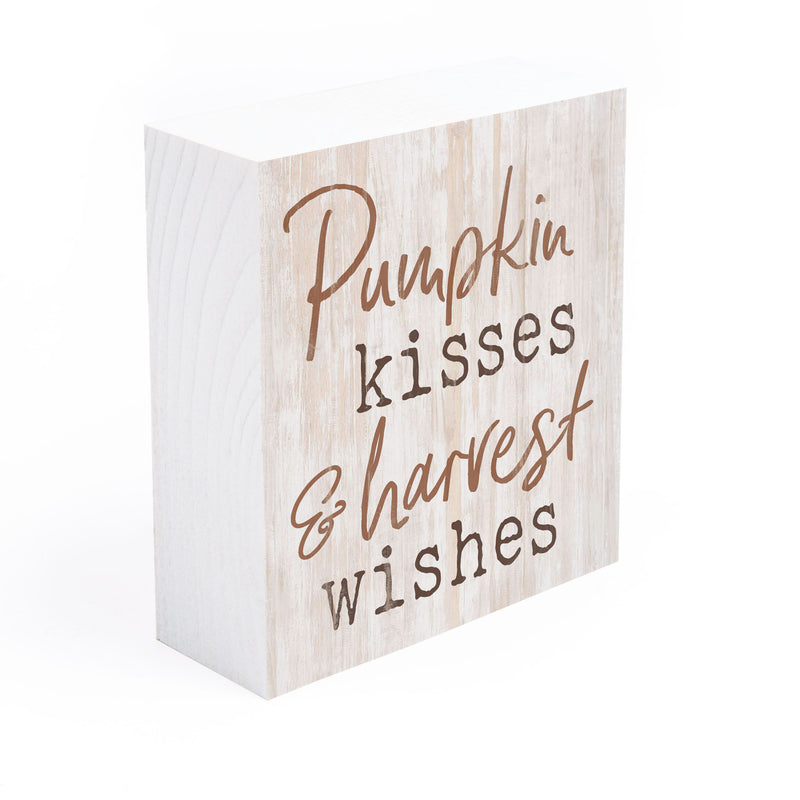 P. Graham Dunn Pumpkin Kisses Harvest Wishes Whitewash 3.5 x 3.5 Inch Pine Wood Tabletop Block Sign