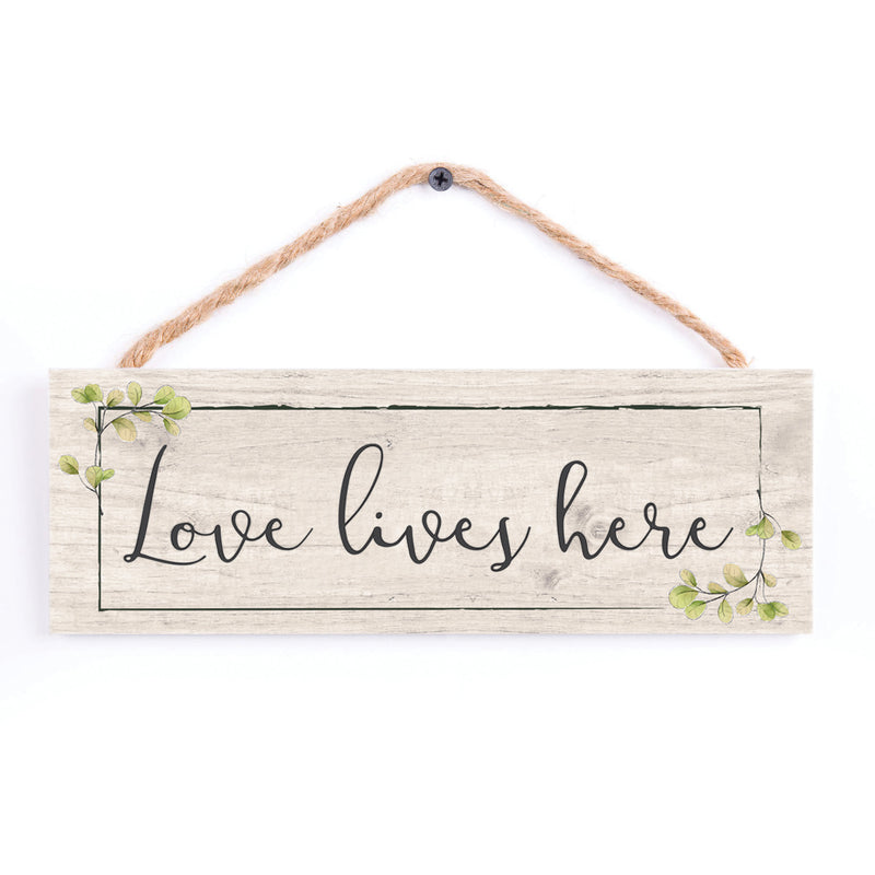 P. Graham Dunn Love Lives Here Whitewash 10 x 3.5 Pine Wood String Sign