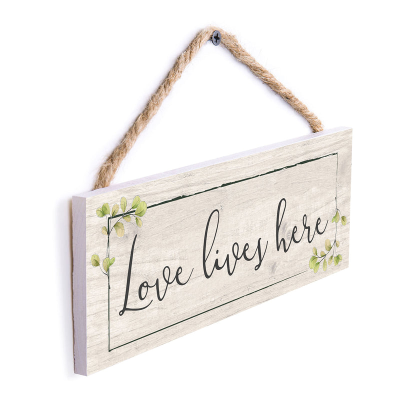 P. Graham Dunn Love Lives Here Whitewash 10 x 3.5 Pine Wood String Sign