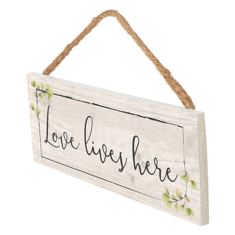 P. Graham Dunn Love Lives Here Whitewash 10 x 3.5 Pine Wood String Sign