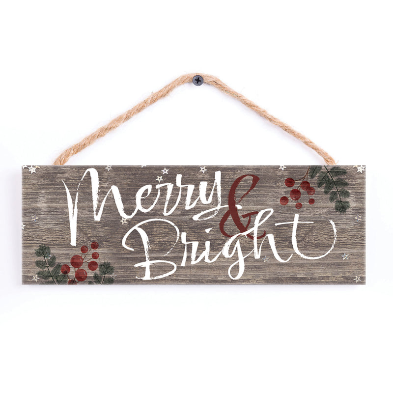 P. Graham Dunn Merry and Bright Grey 10 x 3.5 Pine Wood Christmas String Sign