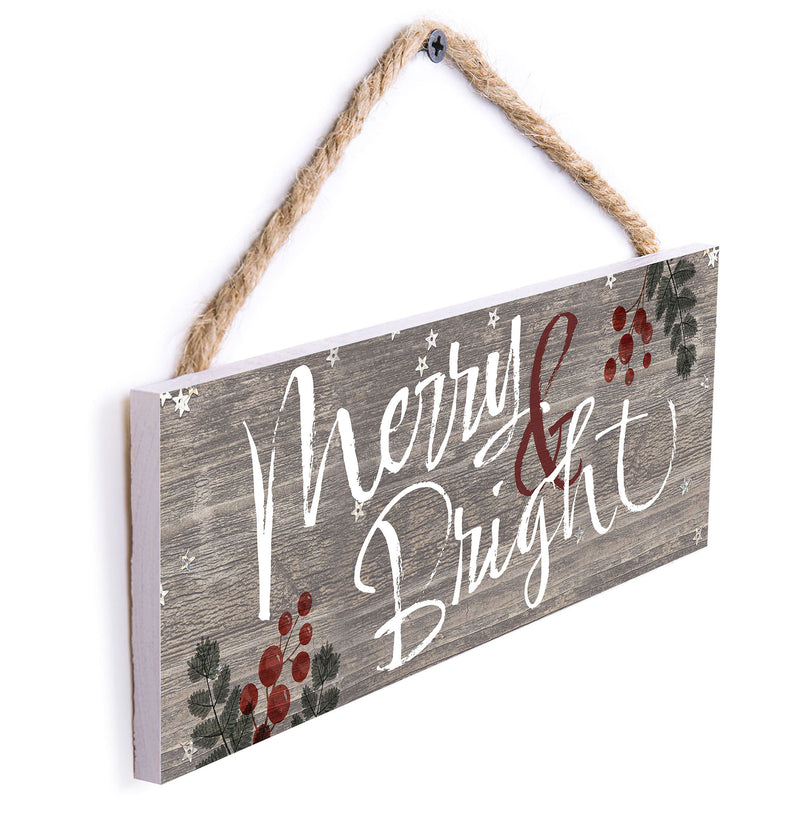P. Graham Dunn Merry and Bright Grey 10 x 3.5 Pine Wood Christmas String Sign
