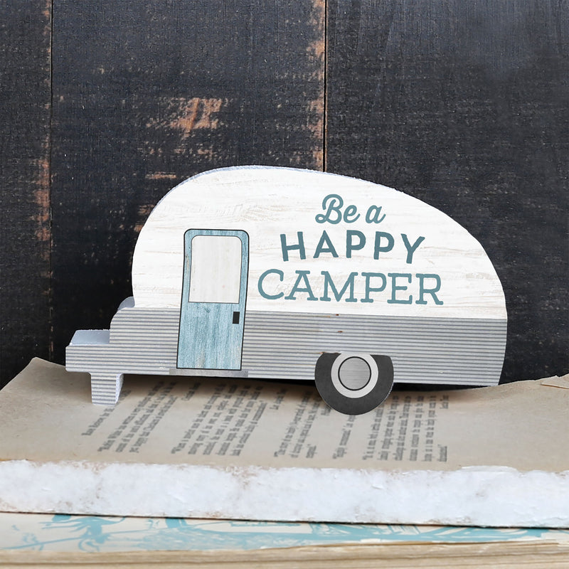 P. Graham Dunn Be A Happy Camper Trailer Grey Stripe 5 x 2.75 Pine Wood Small Tabletop Plaque