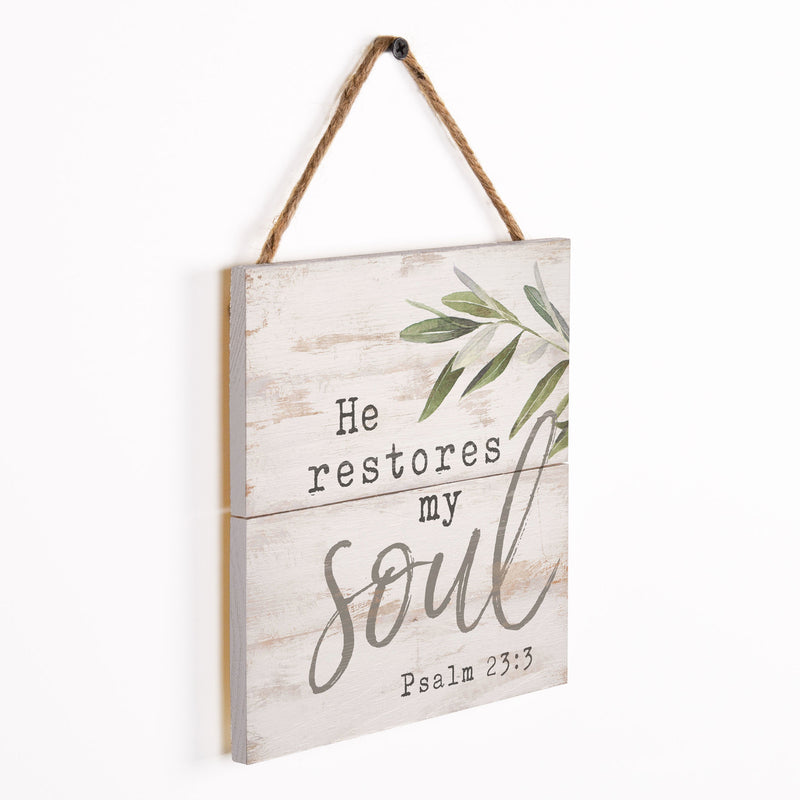 P. Graham Dunn He Restores My Soul Psalm 23:3 Whitewash 7 x 7 Inch Wood Pallet Wall Hanging Sign