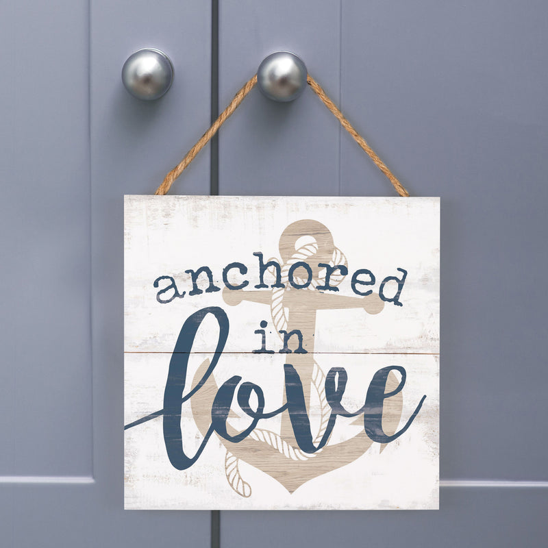 P. Graham Dunn Anchored in Love Nautical Blue 7 x 7 Pine Wood Hanging String Sign Plaque