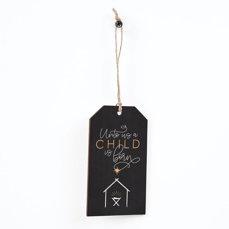 Unto Us A Child is Born Nativity Black 3.5 x 2 MDF Wood Holiday Hanging Ornament