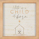Unto Us Child Born Nativity Gold Tone 11 x 11 Pine Wood Holiday Framed Art Sign
