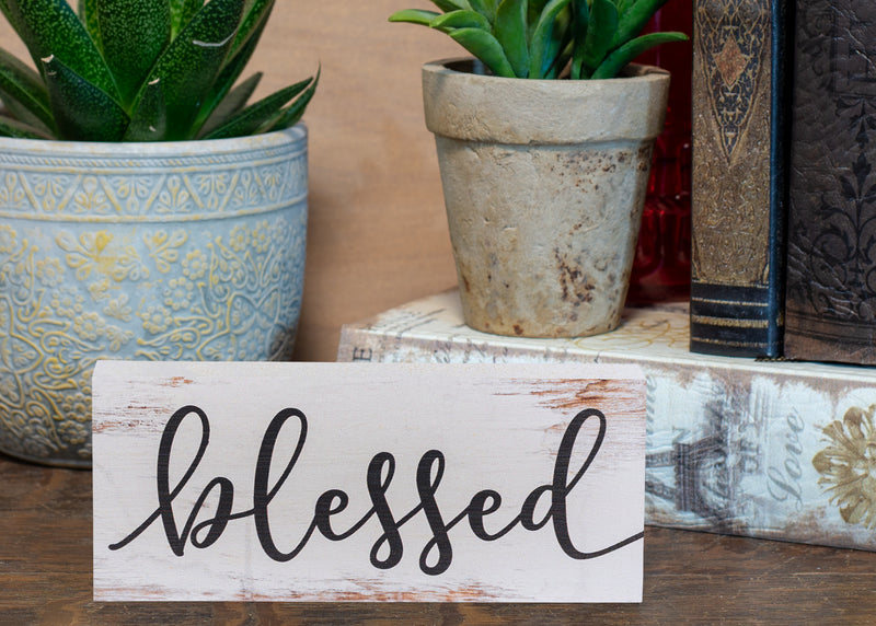 P. Graham Dunn Blessed Script Design White Wash 6 x 2.5 Inch Solid Pine Wood Farmhouse Stick Sign