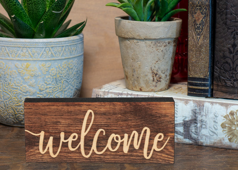 P. Graham Dunn Welcome Script Design Brown 6 x 2.5 Inch Solid Pine Wood Farmhouse Stick Sign