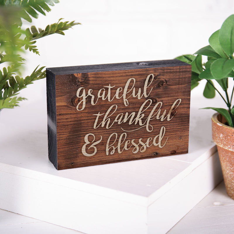 P. Graham Dunn Grateful Thankful Blessed Script Brown 5 x 3.5 Inch Solid Pine Wood Barnhouse Block Sign
