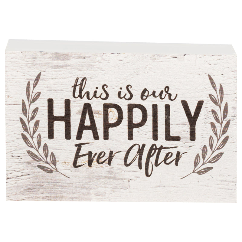 P. Graham Dunn This is Our Happily Ever After Laurel Wreath White 5 x 3.5 Inch Solid Pine Wood Barnhouse Block Sign