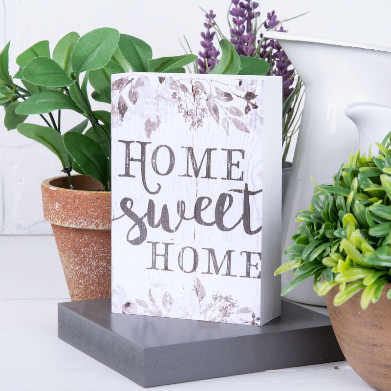 P. Graham Dunn Home Sweet Home Grey Floral White 5 x 3.5 Inch Solid Pine Wood Barnhouse Block Sign
