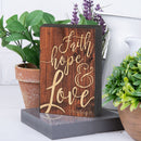 P. Graham Dunn Faith Hope Love Script Design Brown 5 x 3.5 Inch Solid Pine Wood Barnhouse Block Sign