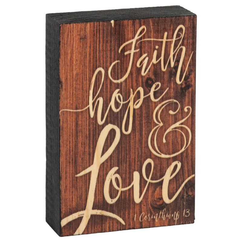 P. Graham Dunn Faith Hope Love Script Design Brown 5 x 3.5 Inch Solid Pine Wood Barnhouse Block Sign
