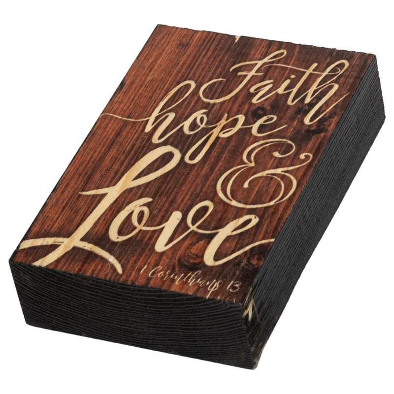 P. Graham Dunn Faith Hope Love Script Design Brown 5 x 3.5 Inch Solid Pine Wood Barnhouse Block Sign