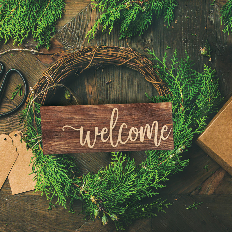 P. Graham Dunn Welcome Script Design Brown 10 x 3.5 Inch Solid Pine Wood Barnhouse Block Sign