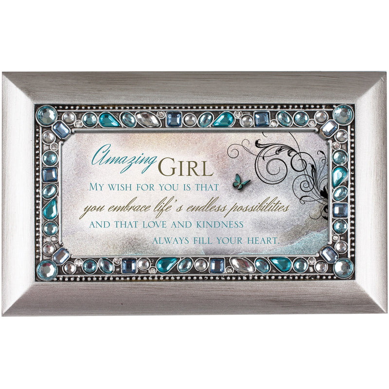 Amazing Girl Jeweled Silver Finish Jewelry Music Box - Plays Tune You Light Up My Life