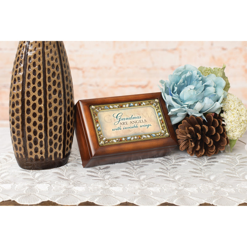 Grandmas are Angels Jeweled Woodgrain Jewelry Music Box - Plays Tune Wind Beneath My Wings