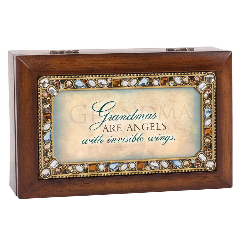 Grandmas are Angels Jeweled Woodgrain Jewelry Music Box - Plays Tune Wind Beneath My Wings