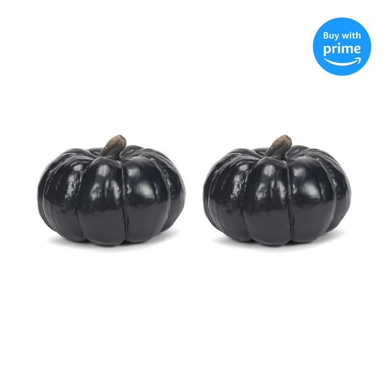 Front view of Midnight Black 6 inch Harvest Decorative Pumpkins Pack of 2