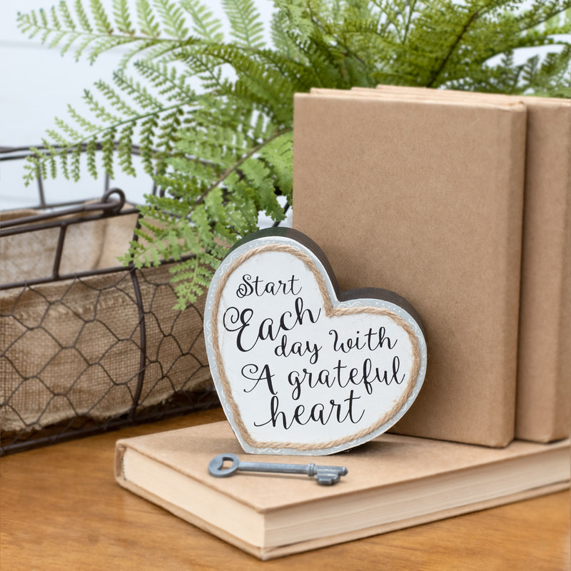 Dicksons Start Each Day Grateful Heart Twine String Gray 4.5 x 5 Heart Shaped Wood Table Top Sign Plaque