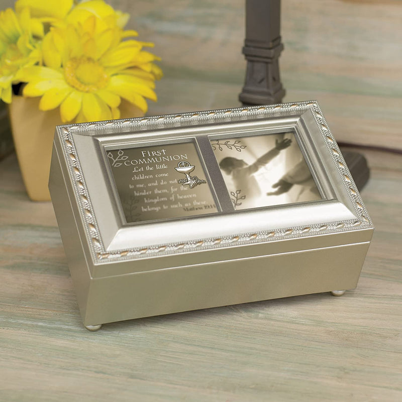 First Communion Little Ones Come Brushed Silver Jewelry Music Box Plays Amazing Grace