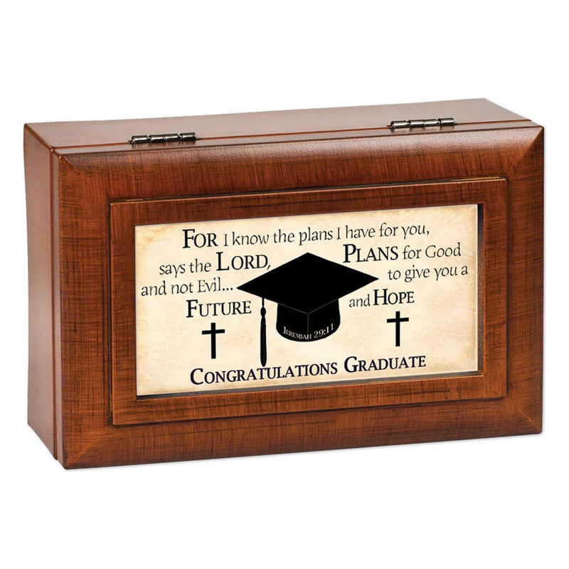 Top down view of Graduate For I Know Woodgrain Petite Inspirational Jewelry and Music Box