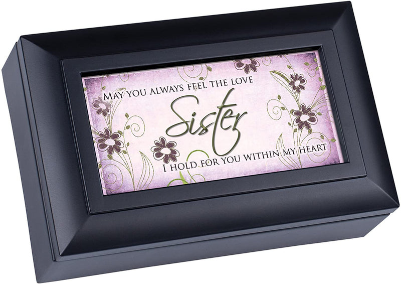 Top down view of Sister May You Always Feel Love Matte Black Petite Jewelry and Music Box