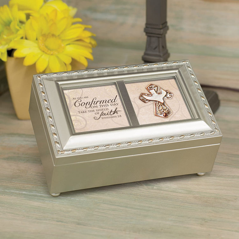 Confirmation Inspirational Champagne Silver Petite Music Box Plays Amazing Grace