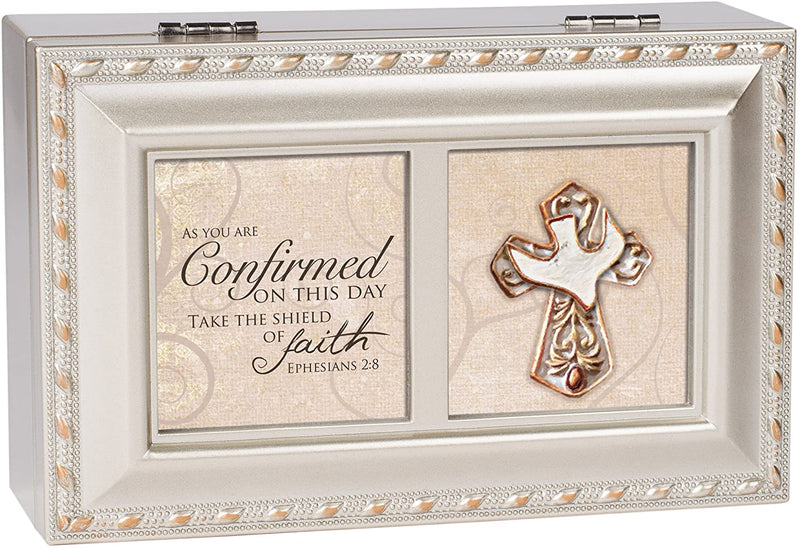 Confirmation Cross Champagne Silver Music Box Plays Amazing Grace