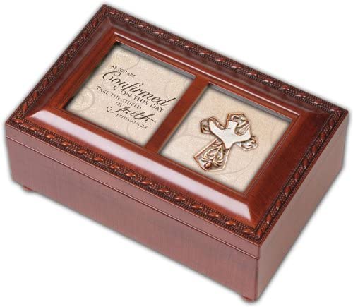 Top down view of As You are Confirmed Take The Shield Woodgrain Rope Trim Petite Music Box
