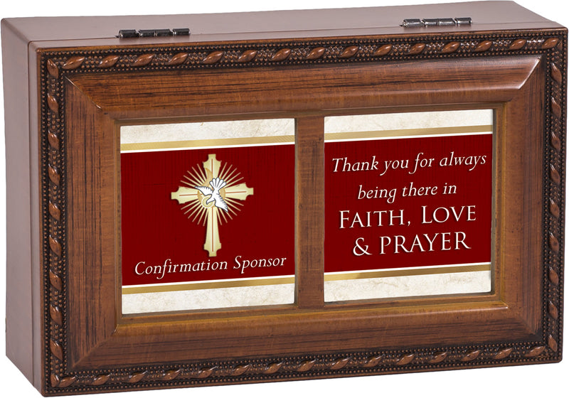 Top down view of Confirmation Sponsor Faith Love Prayer Woodgrain Rope Trim Petite Music Box