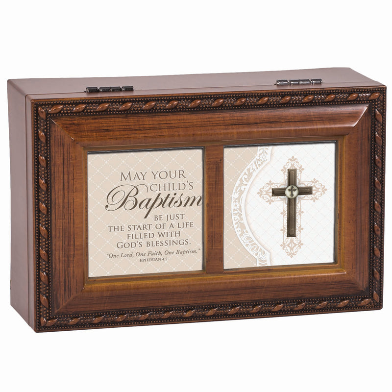 Child's Baptism Life Fulfilled Blessings Woodgrain Petite Jewelry Music Box Plays Amazing Grace