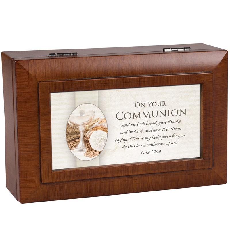 On Your Communion Scripture Woodgrain Music Box Plays Amazing Grace