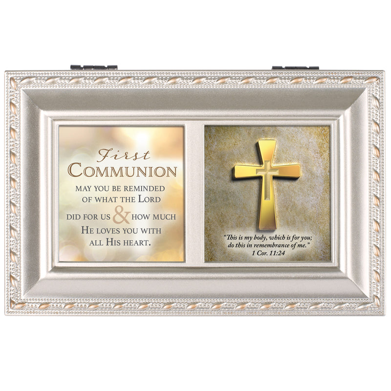 First Communion Champagne Silver Music Box Plays Amazing Grace
