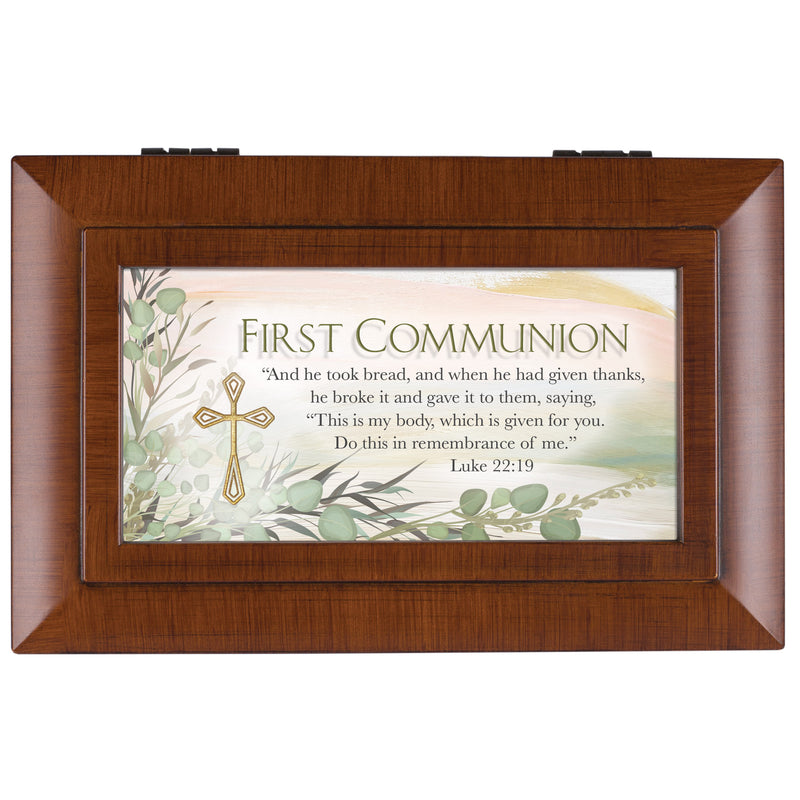 First Communion Scripture Woodgrain Music Box Plays Amazing Grace