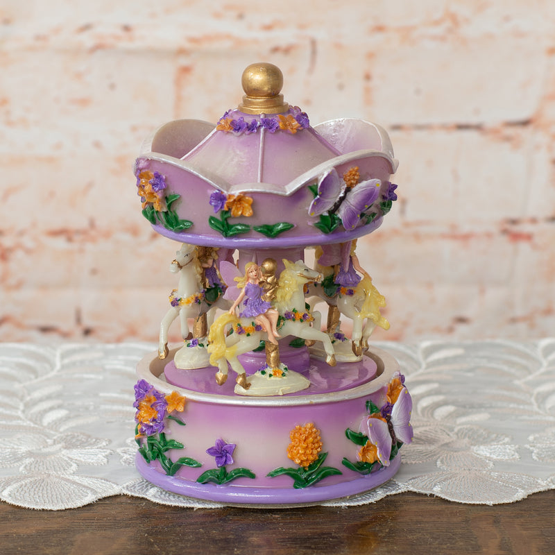 Front view of Purple Floral Fairy Musical Carousel 6 inch Rotating Figurine Plays Tune Carousel Waltz