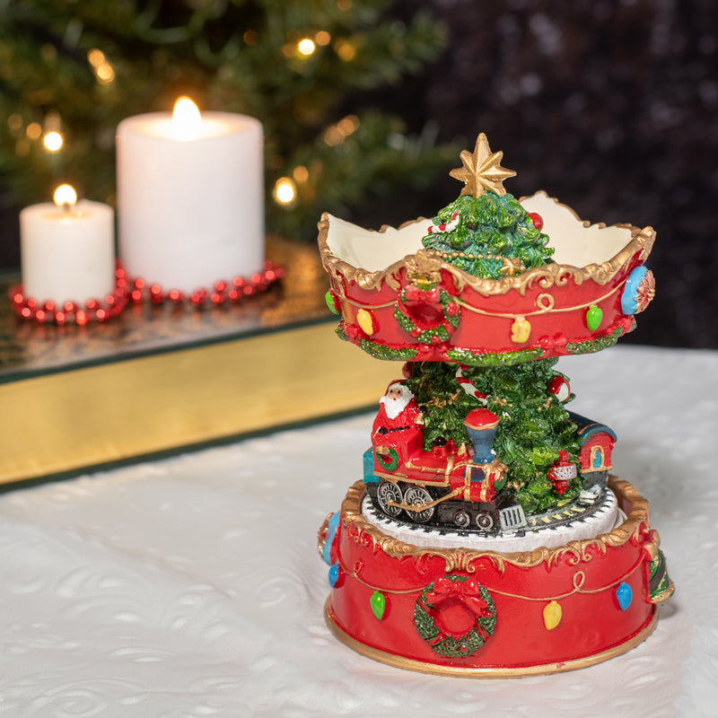 Gilded Gold Holiday Revolving Musical Carousel - Plays Tune We Wish You A Merry Christmas