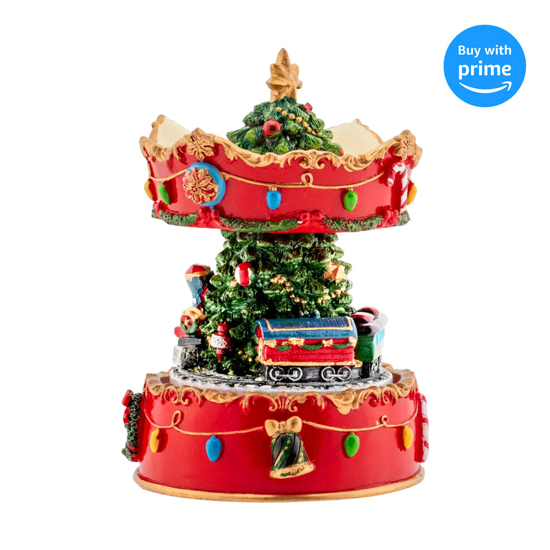Front view of Gilded Gold Holiday Revolving Musical Carousel - Plays Tune We Wish You A Merry Christmas