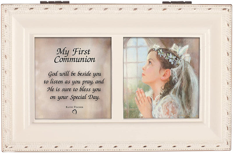 First Communion God Beside You Matte Ivory Jewelry Music Box Plays Ave Maria