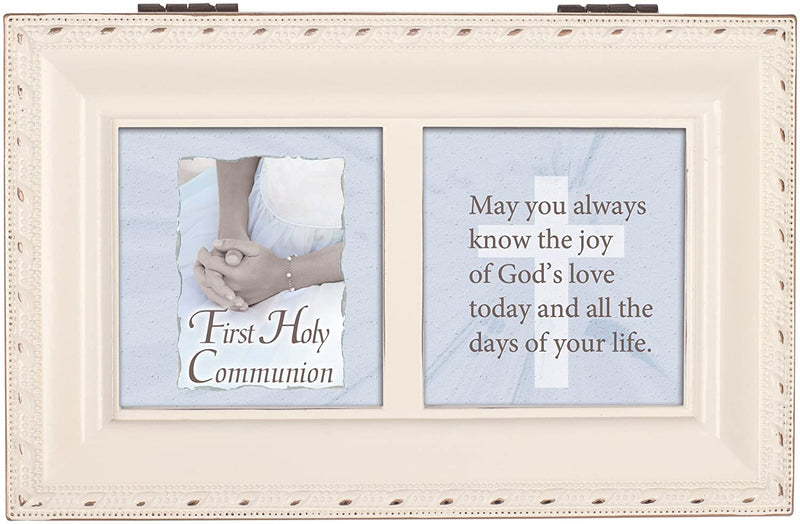 First Holy Communion Know the Joy Matte Ivory Jewelry Music Box Plays Ave Maria