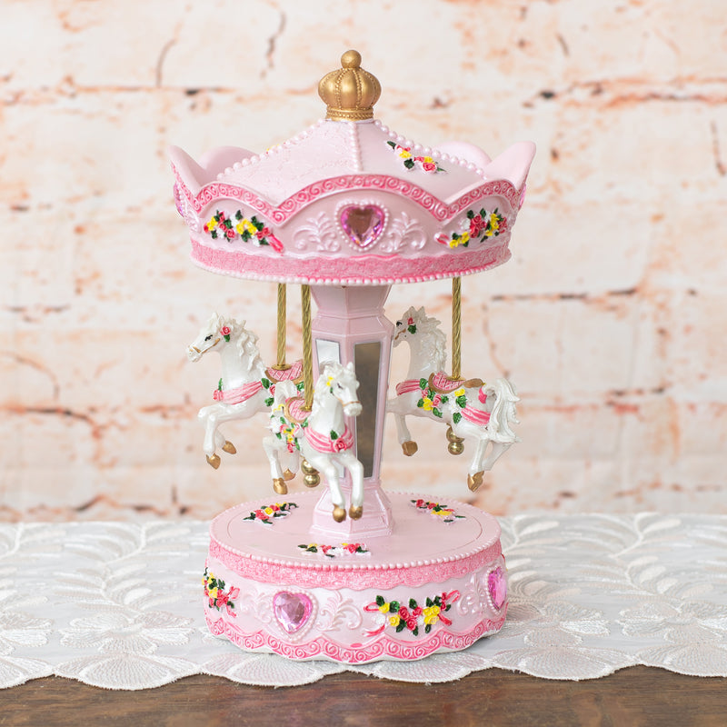 Front view of Pink Rose Horse Musical Carousel 10 inch Rotating Figurine Plays Tune Memory