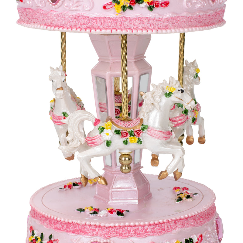 Pink Rose Horse Musical Carousel 10 inch Rotating Figurine Plays Tune Memory