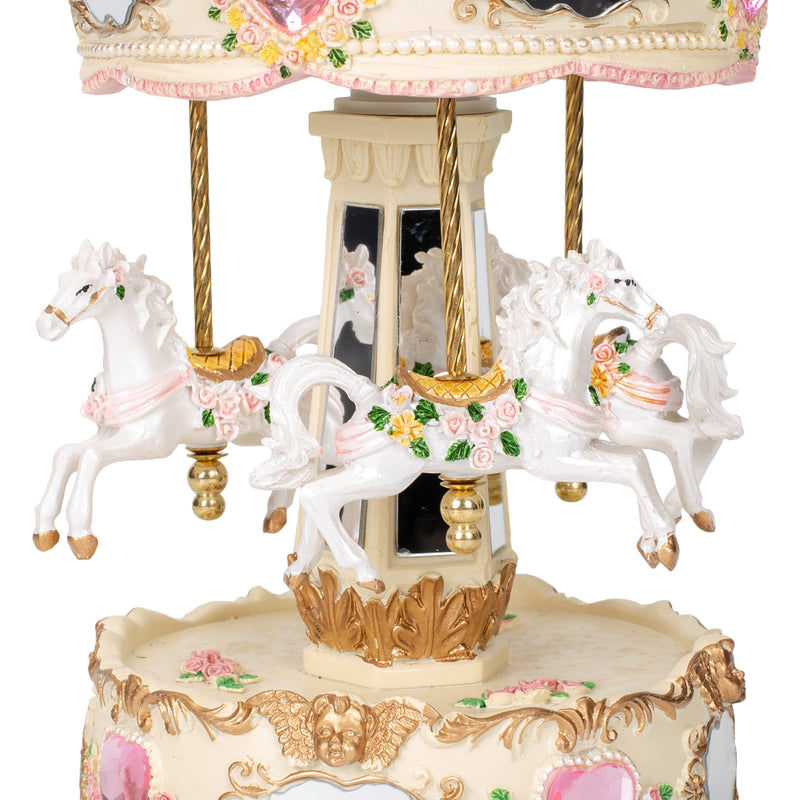 Cupid Rose Garland Horses Musical Carousel 10 inch Rotating Figurine Plays Tune Carousel Waltz